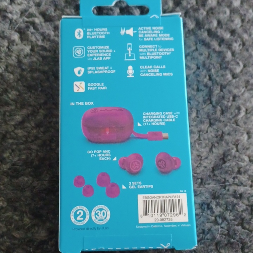 New JLab Go Pop True Wireless Earbuds Clear Purple - Picture 2 of 4
